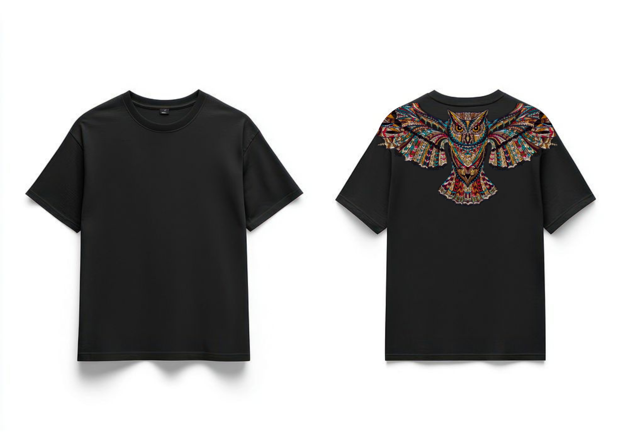 Men's "Technicolor Owl" Mosaic Oversized T-Shirt - Black | 85FASHIONSTORE