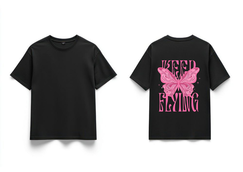 "Keep Flying" Pink Butterfly Graphic Oversized T-Shirt - Black| 85FASHIONSTORE