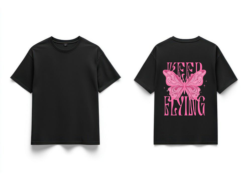 "Keep Flying" Pink Butterfly Graphic Oversized T-Shirt - Black| 85FASHIONSTORE