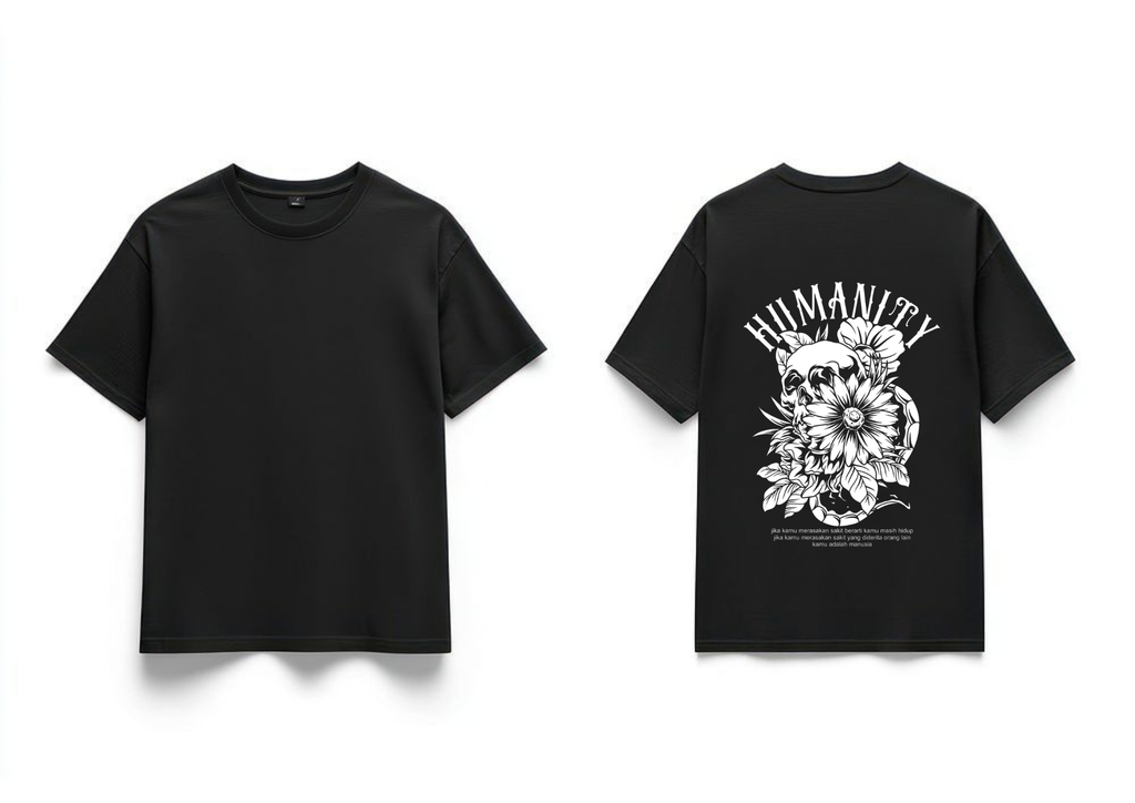 Men's "HUMANITY" Floral Skull Oversized Graphic T-Shirt - Black | 85FASHIONSTORE