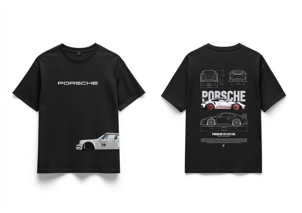 Porsche 911 GT3 RS Automotive Blueprint Oversized T-Shirt - Black | 85FASHIONSTORE