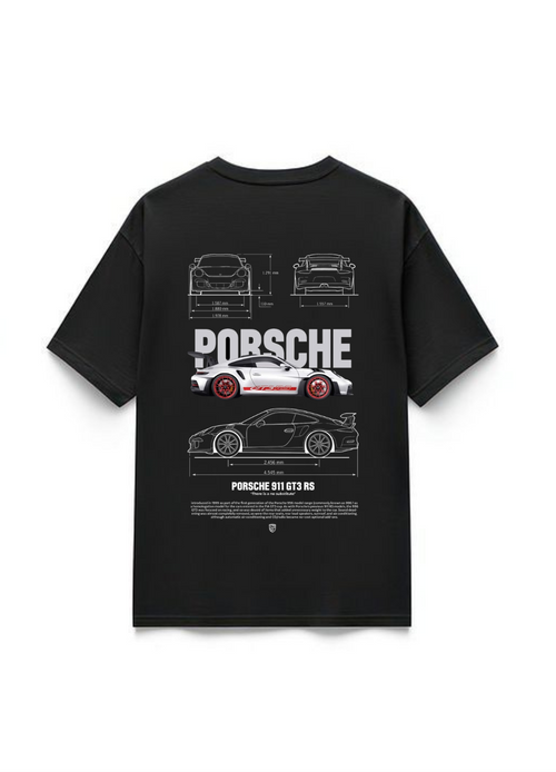 Porsche 911 GT3 RS Automotive Blueprint Oversized T-Shirt - Black | 85FASHIONSTORE