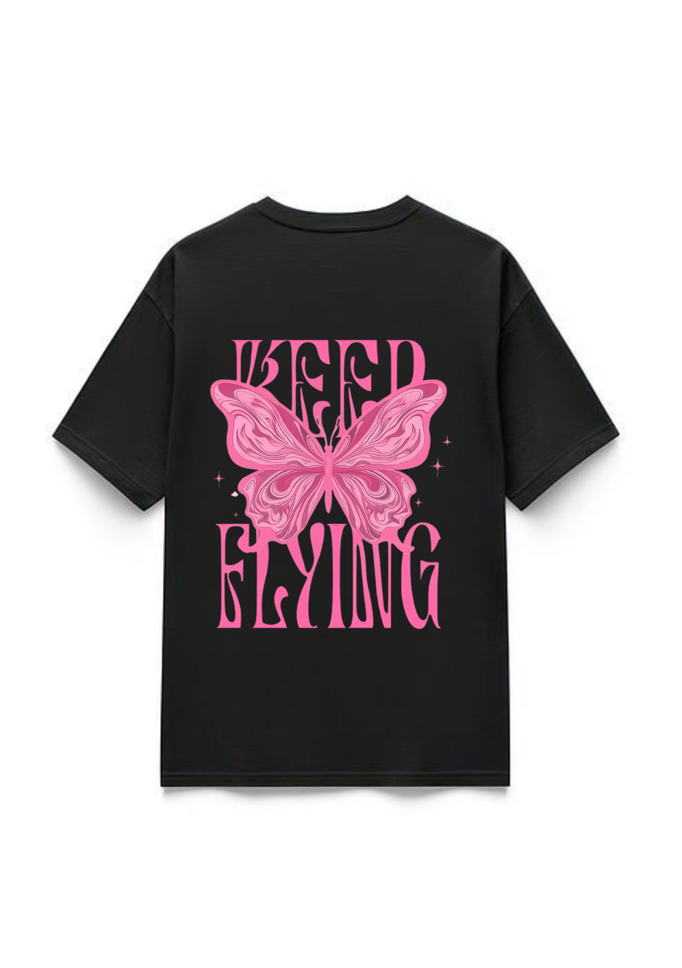 "Keep Flying" Pink Butterfly Graphic Oversized T-Shirt - Black| 85FASHIONSTORE