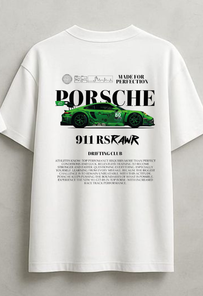 Porsche 911 RSR "Made for Perfection" Oversized T-Shirt - White | 85FASHIONSTORE