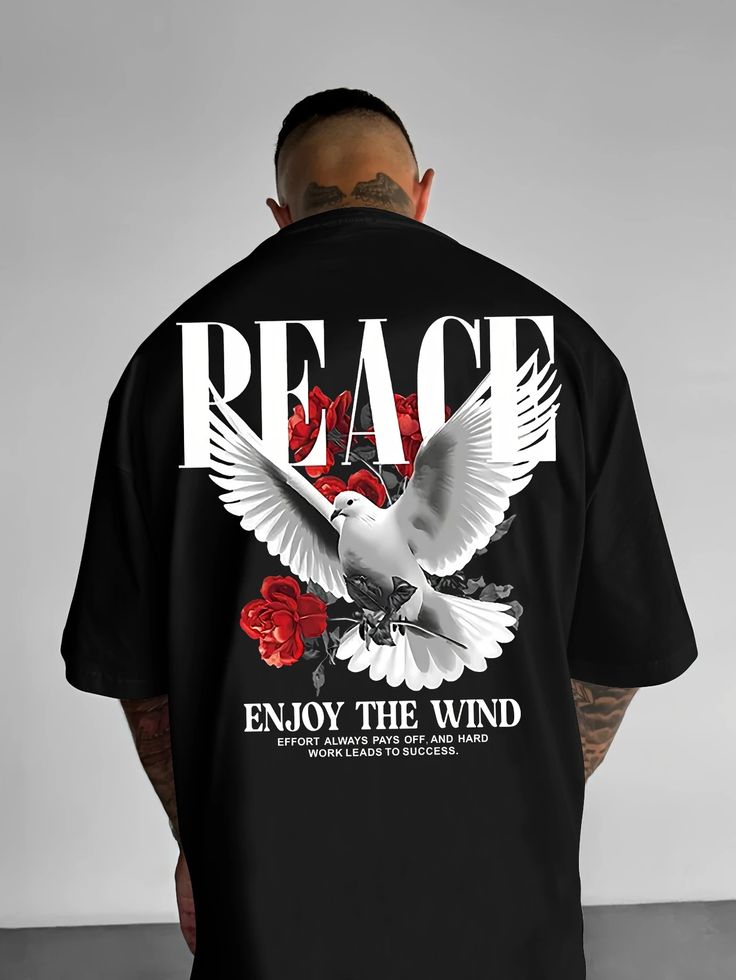 "Peace" Flight Dove &amp; Red Roses Graphic Premium Oversized T-Shirts | 85FASHIONSTORE